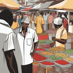 Illustrate a scene where a person is about to steal something in a market