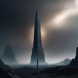 An image of a gigantic obelisk on a decaying, dark planet with a hazy atmosphere