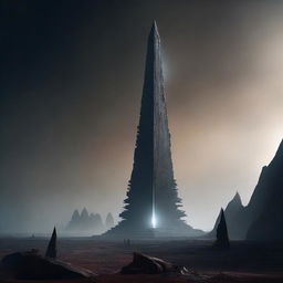 An image of a gigantic obelisk on a decaying, dark planet with a hazy atmosphere