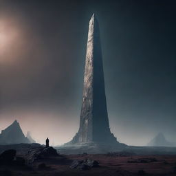 An image of a gigantic obelisk on a decaying, dark planet with a hazy atmosphere