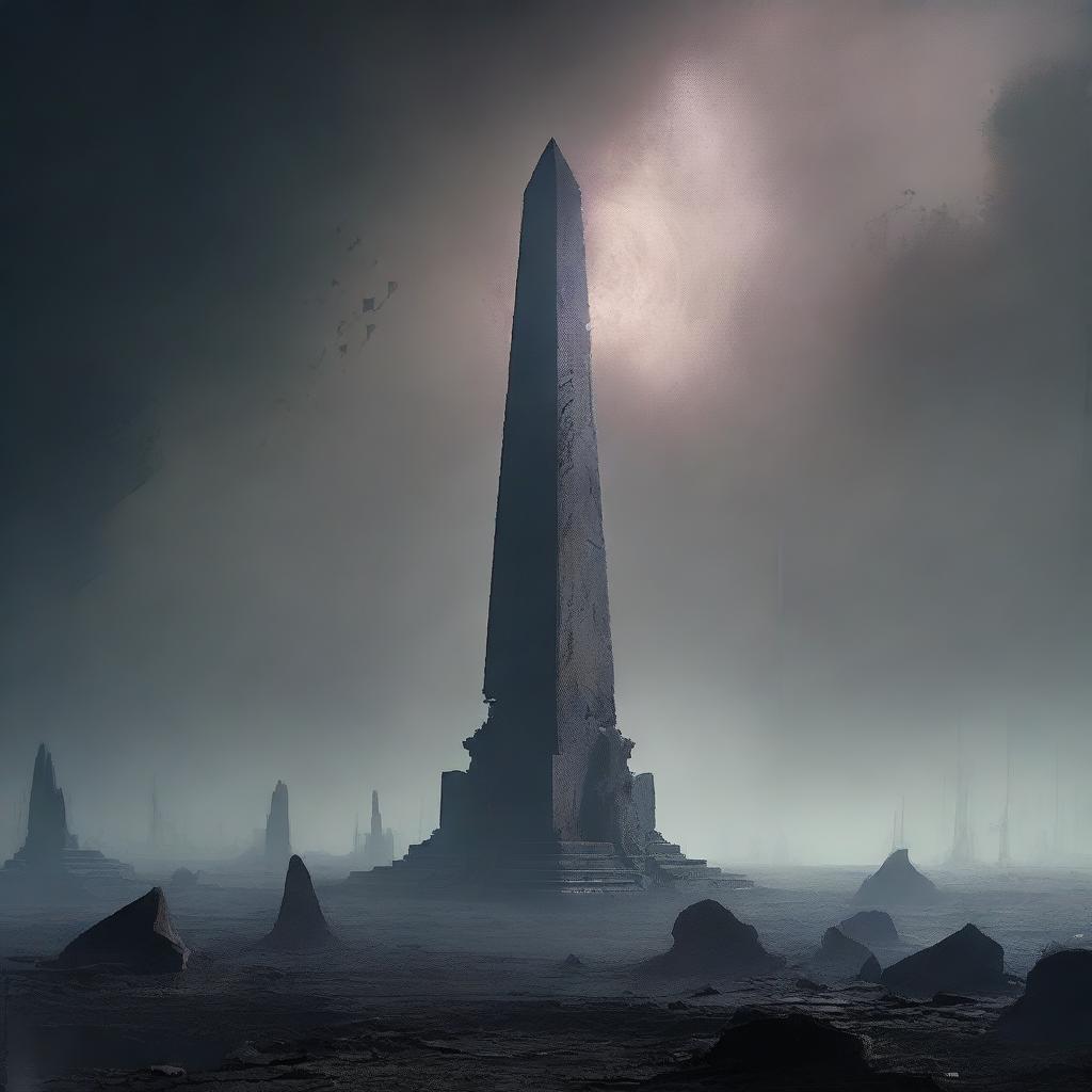 An image of a gigantic obelisk on a decaying, dark planet with a hazy atmosphere