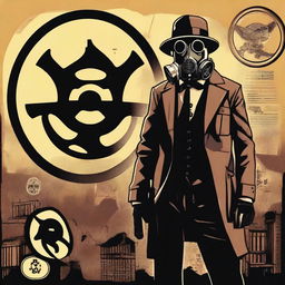 Generate an image that combines an apocalyptic setting with a character wearing a gas mask and a bowler hat