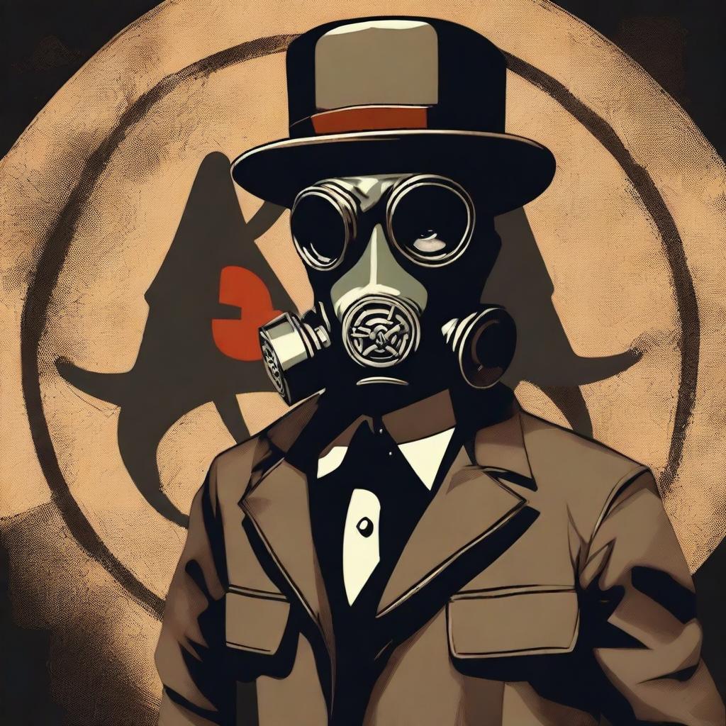 Generate an image that combines an apocalyptic setting with a character wearing a gas mask and a bowler hat