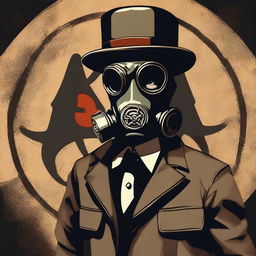 Generate an image that combines an apocalyptic setting with a character wearing a gas mask and a bowler hat