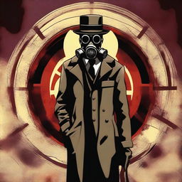 Generate an image that combines an apocalyptic setting with a character wearing a gas mask and a bowler hat