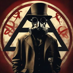 Generate an image that combines an apocalyptic setting with a character wearing a gas mask and a bowler hat