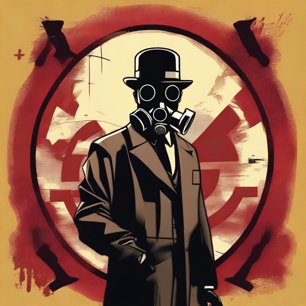 Generate an image that combines an apocalyptic setting with a character wearing a gas mask and a bowler hat