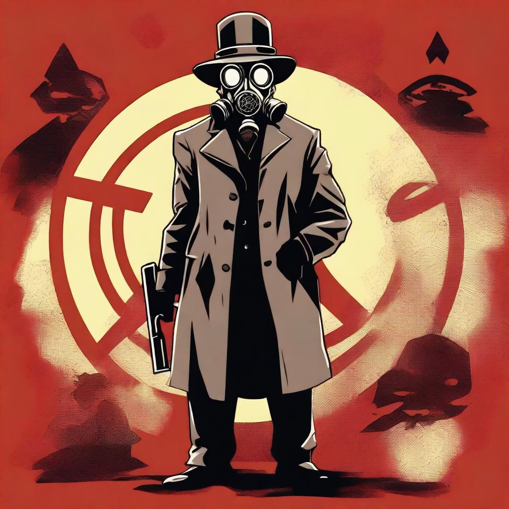 Generate an image that combines an apocalyptic setting with a character wearing a gas mask and a bowler hat