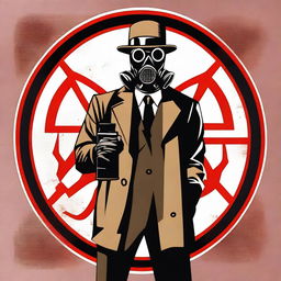 Generate an image that combines an apocalyptic setting with a character wearing a gas mask and a bowler hat