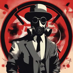 Generate an image that combines an apocalyptic setting with a character wearing a gas mask and a bowler hat