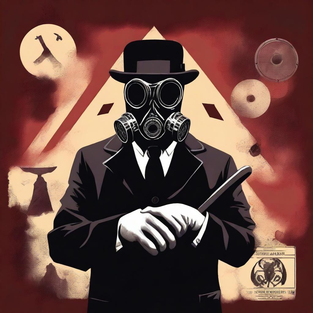 Generate an image that combines an apocalyptic setting with a character wearing a gas mask and a bowler hat