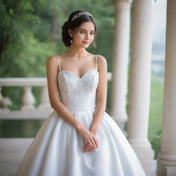 A beautiful girl dressed elegantly in a serene environment