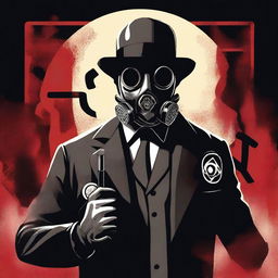 Generate an image that combines an apocalyptic setting with a character wearing a gas mask and a bowler hat