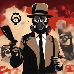 Generate an image that combines an apocalyptic setting with a character wearing a gas mask and a bowler hat