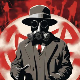 Generate an image that combines an apocalyptic setting with a character wearing a gas mask and a bowler hat