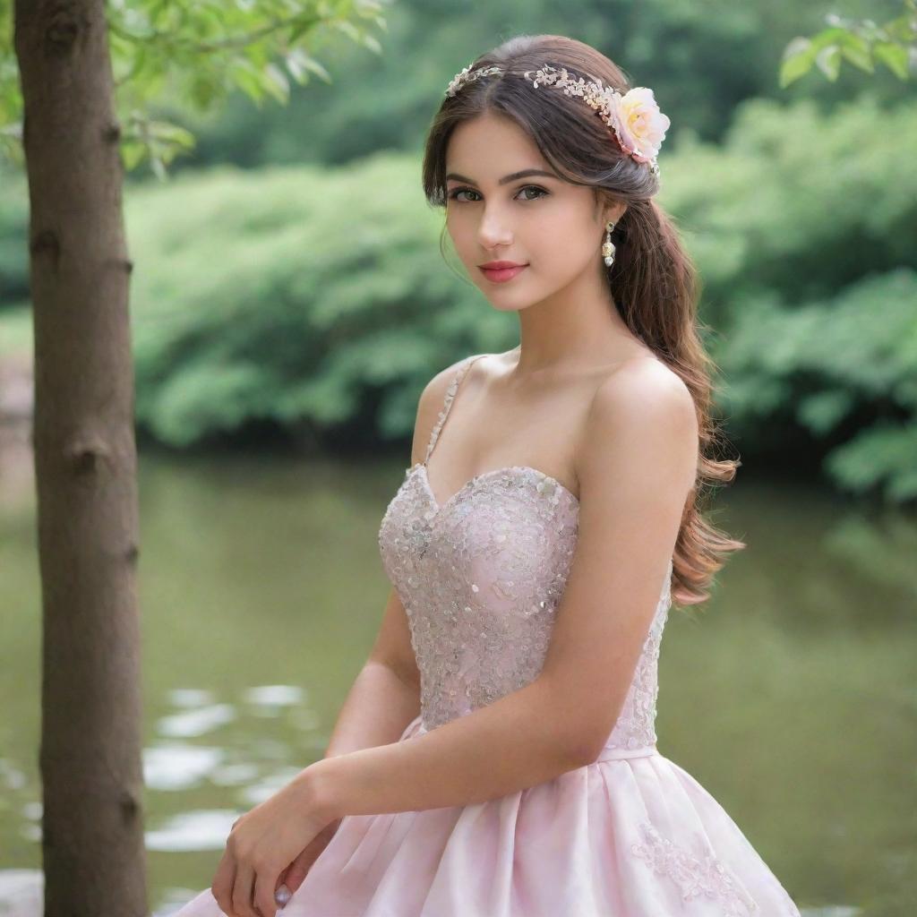 A beautiful girl dressed elegantly in a serene environment