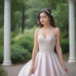 A beautiful girl dressed elegantly in a serene environment