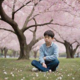 A young boy with melancholy expression wearing casual clothes and sitting alone under a large, blooming cherry blossom tree