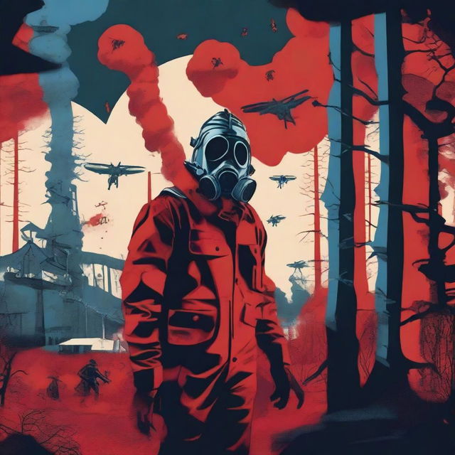 Generate an image in the style of constructivism featuring an apocalyptic, rural, and wooded setting