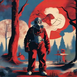 Generate an image in the style of constructivism featuring an apocalyptic, rural, and wooded setting