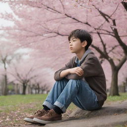 A young boy with melancholy expression wearing casual clothes and sitting alone under a large, blooming cherry blossom tree