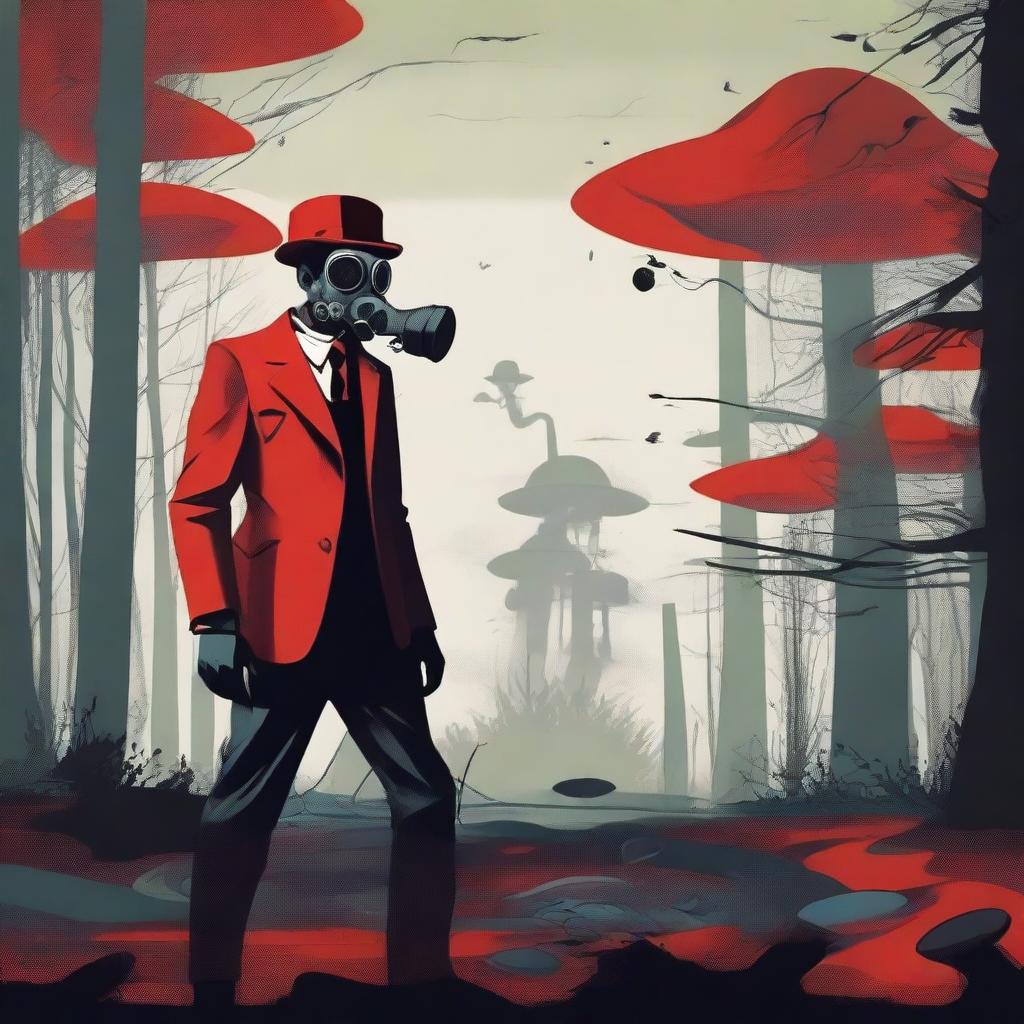 Generate an image in the style of constructivism featuring a 'red neck' character in a bowler hat and gas mask, set in an apocalyptic, rural and wooded scene