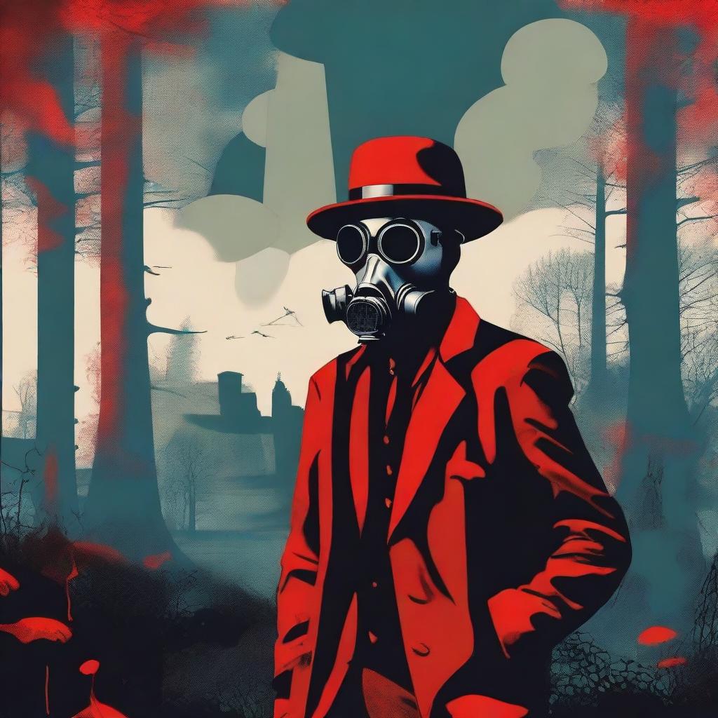 Generate an image in the style of constructivism featuring a 'red neck' character in a bowler hat and gas mask, set in an apocalyptic, rural and wooded scene