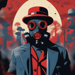 Generate an image in the style of constructivism featuring a 'red neck' character in a bowler hat and gas mask, set in an apocalyptic, rural and wooded scene