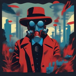 Generate an image in the style of constructivism featuring a 'red neck' character in a bowler hat and gas mask, set in an apocalyptic, rural and wooded scene