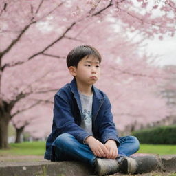 A young boy with melancholy expression wearing casual clothes and sitting alone under a large, blooming cherry blossom tree