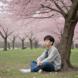 A young boy with melancholy expression wearing casual clothes and sitting alone under a large, blooming cherry blossom tree