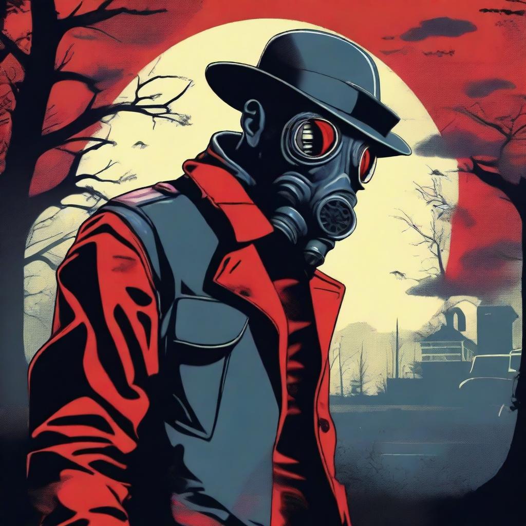 Generate a retro-styled image featuring a 'red neck' character in a bowler hat and gas mask