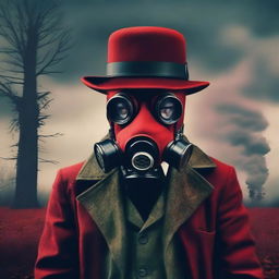 Generate a retro-styled image featuring a 'red neck' character in a bowler hat and gas mask