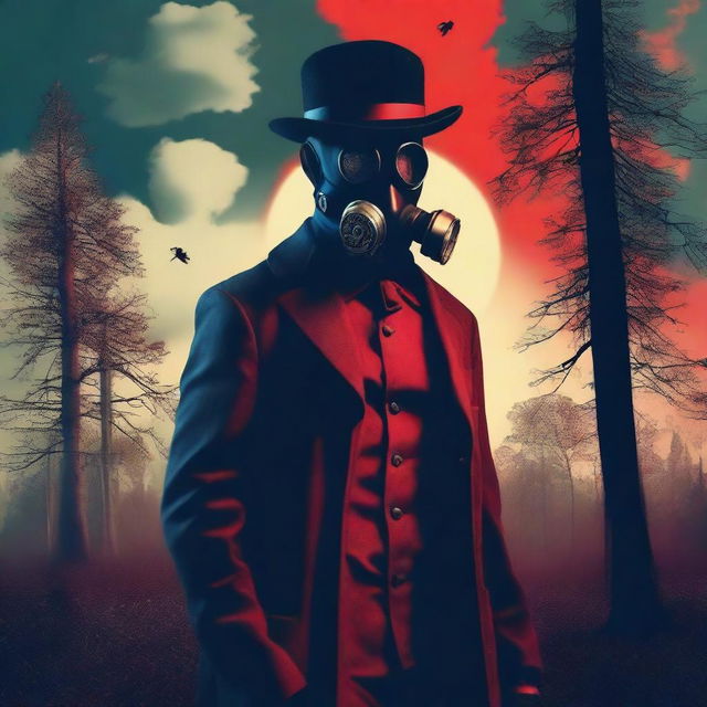 Generate a retro-styled image featuring a 'red neck' character in a bowler hat and gas mask