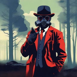 Generate a retro-styled image featuring a 'red neck' character in a bowler hat and gas mask