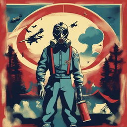 Generate a retro-style circus poster set in an apocalyptic, rural, and wooded setting