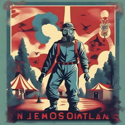 Generate a retro-style circus poster set in an apocalyptic, rural, and wooded setting