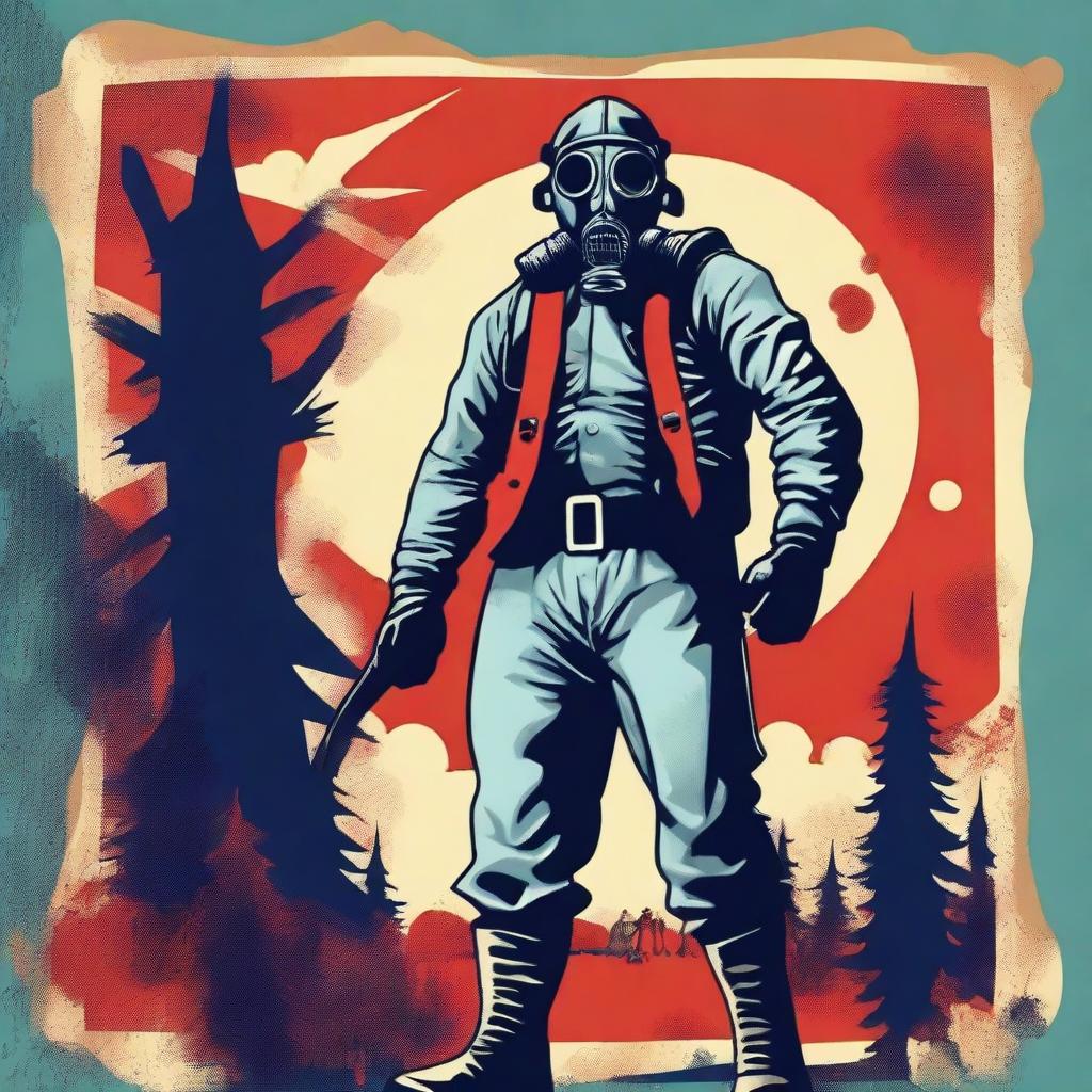 Generate a retro-style circus poster set in an apocalyptic, rural, and wooded setting