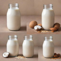 Moodboard of various milks: cow's milk, almond milk, oat milk, and coconut milk in different settings and containers.