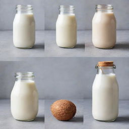 Moodboard of various milks: cow's milk, almond milk, oat milk, and coconut milk in different settings and containers.