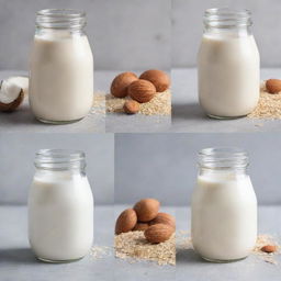 Moodboard of various milks: cow's milk, almond milk, oat milk, and coconut milk in different settings and containers.