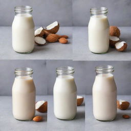 Moodboard of various milks: cow's milk, almond milk, oat milk, and coconut milk in different settings and containers.