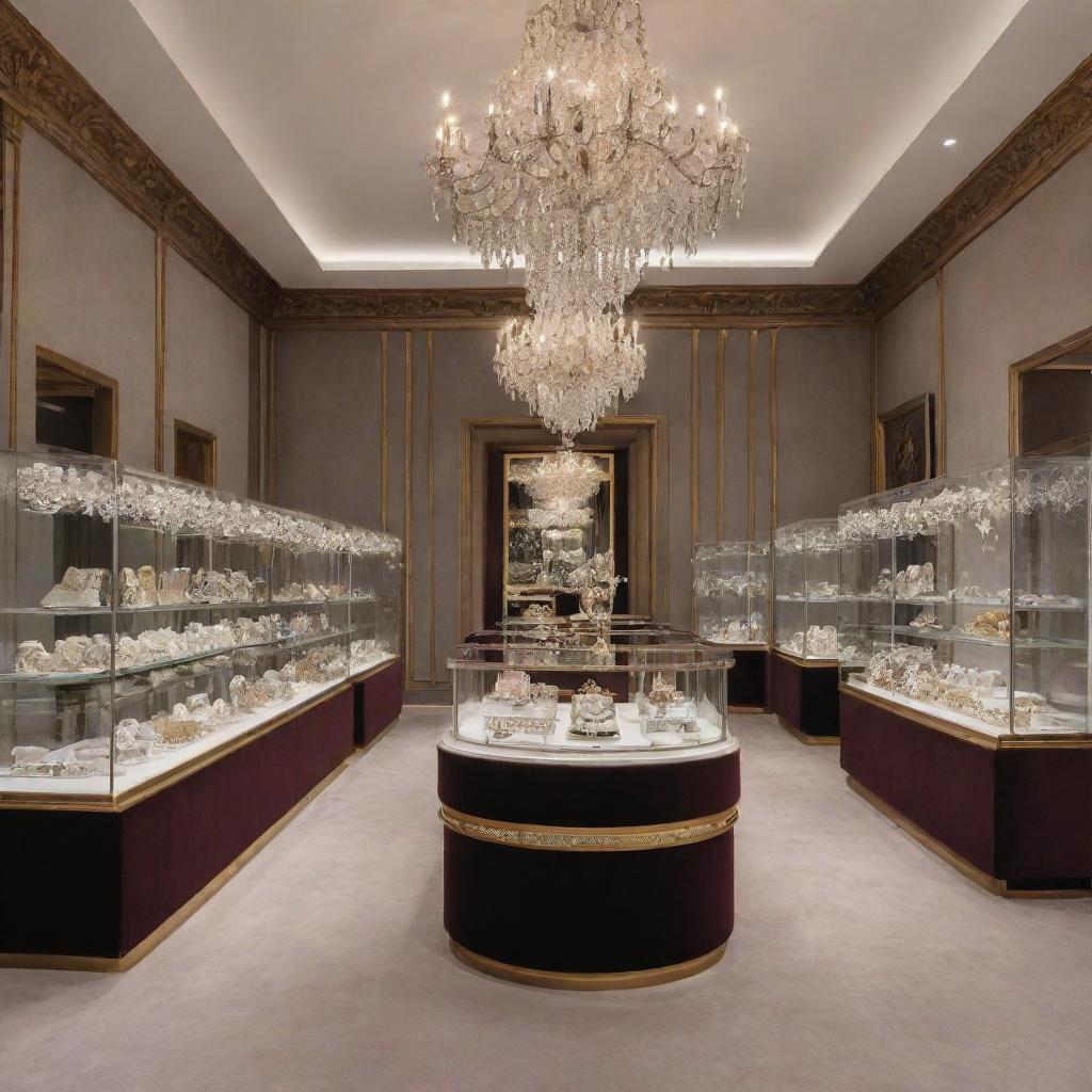 An elaborate and luxurious interior design of a jewelry shop, filled with glass display cases showcasing various fine jewelry pieces, chandeliers casting a serene ambiance and opulent velvet furnishings.