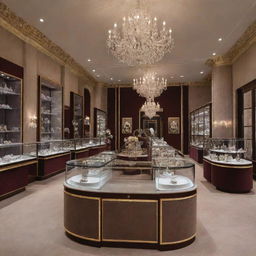 An elaborate and luxurious interior design of a jewelry shop, filled with glass display cases showcasing various fine jewelry pieces, chandeliers casting a serene ambiance and opulent velvet furnishings.