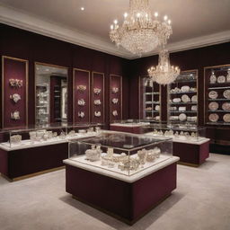 An elaborate and luxurious interior design of a jewelry shop, filled with glass display cases showcasing various fine jewelry pieces, chandeliers casting a serene ambiance and opulent velvet furnishings.