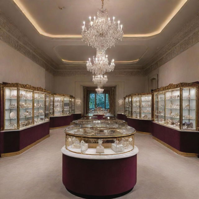 An elaborate and luxurious interior design of a jewelry shop, filled with glass display cases showcasing various fine jewelry pieces, chandeliers casting a serene ambiance and opulent velvet furnishings.