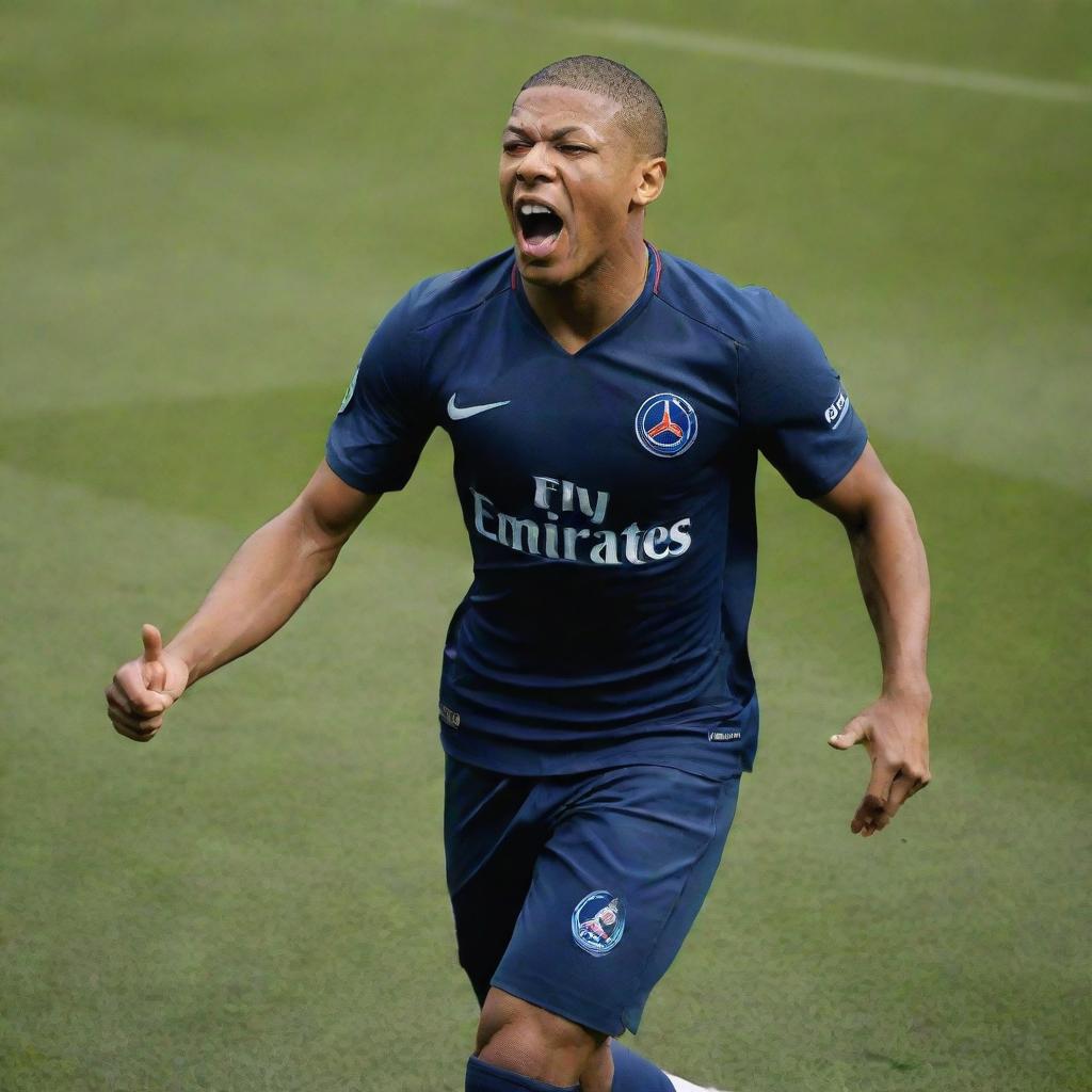 A high-quality, realistic illustration of Kylian Mbappe, in his Paris Saint-Germain kit, performing an impressive goal celebration on a vibrant, grassy soccer field