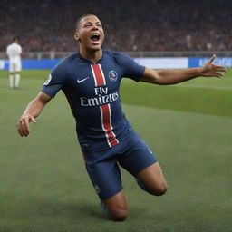 A high-quality, realistic illustration of Kylian Mbappe, in his Paris Saint-Germain kit, performing an impressive goal celebration on a vibrant, grassy soccer field