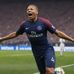 A high-quality, realistic illustration of Kylian Mbappe, in his Paris Saint-Germain kit, performing an impressive goal celebration on a vibrant, grassy soccer field