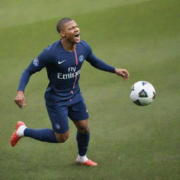 A high-quality, realistic illustration of Kylian Mbappe, in his Paris Saint-Germain kit, performing an impressive goal celebration on a vibrant, grassy soccer field